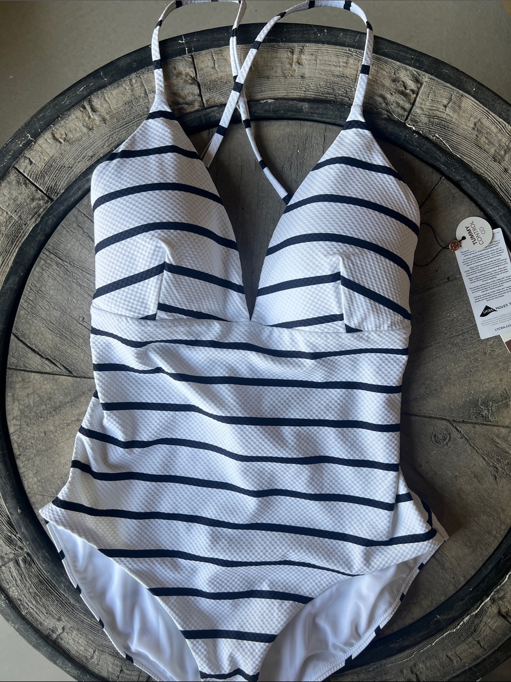 CALIA by Carrie Underwood White & Navy Striped V-Neck One-Piece Swimsuit